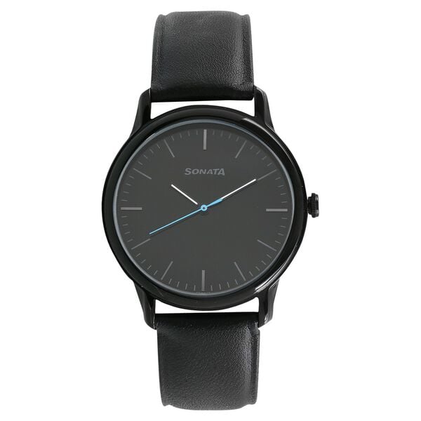 Sonata Men's Watch Analog Black Dial With Black Leather Strap, 7128NL01