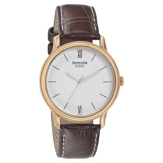 Sonata, Men, Analog, Watch, White Dial, Leather Strap, 7128WL01