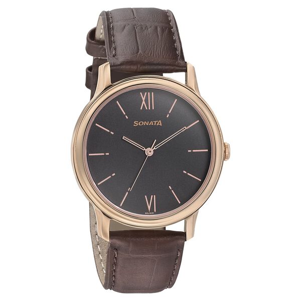 Sonata Men's Watch Analog Grey Dial With Brown Leather Strap, 7128WL04