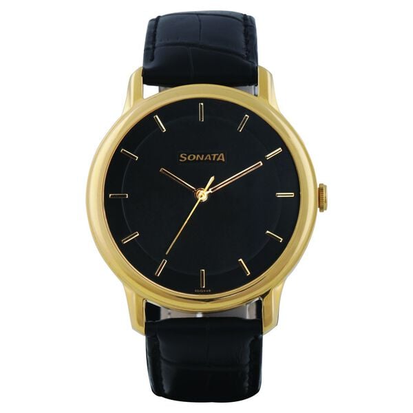 Sonata Men's Watch Analog Black Dial With Black Leather Strap, 7128YL01