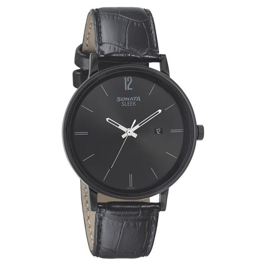 Sonata, Men, Analog, Watch, Black Dial, Leather Strap, 7131NL01
