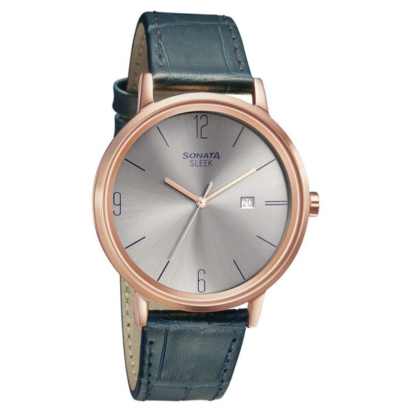 Sonata Men's Watch Analog Grey Dial With Blue Leather Strap, 7131WL02