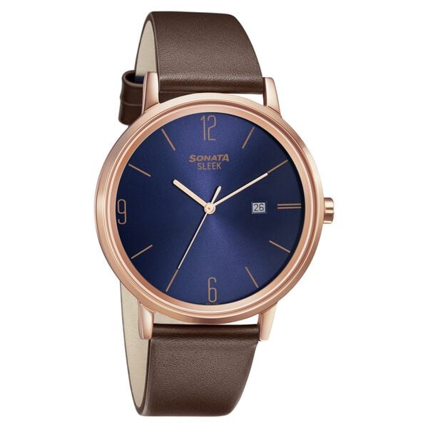 Sonata Men's Watch Analog Blue Dial With Brown Leather Strap, 7131WL03