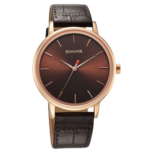 Sonata Men's Watch Analog Brown Dial With Brown Leather Strap, 7131WL05