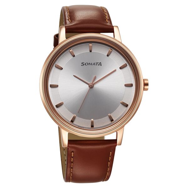 Sonata Men's Watch Analog Silver Dial with Brown Leather Strap,7131WL06