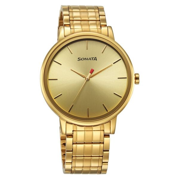 Sonata Men's Watch Analog Golden Dial With Golden Stainless Steel Band, 7131YM01
