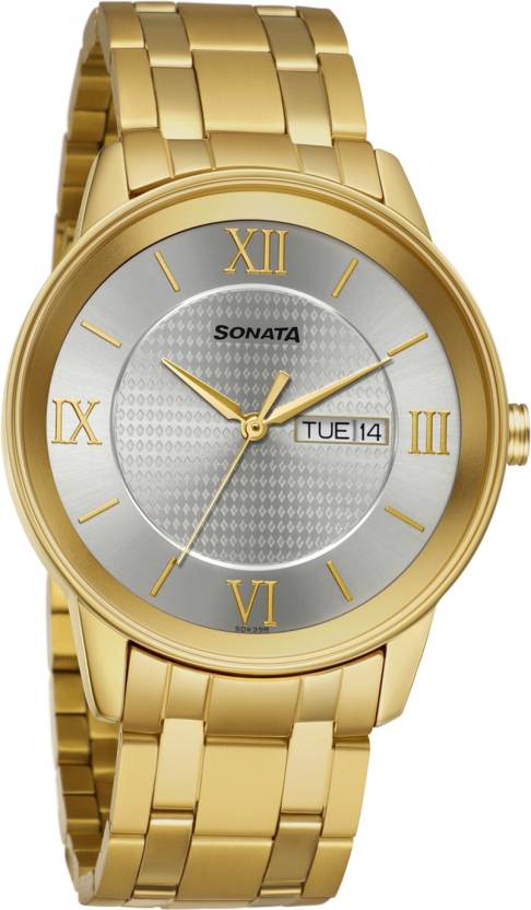 Sonata Quartz Analog Men's Watch With Day And Date, Champagne Dial Stainless Steel Strap, 7133YM01