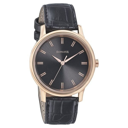 Sonata, Men, Analog, Watch, Black Dial, Leather Strap, 7134WL01