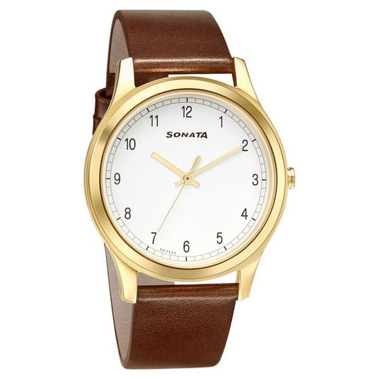 Sonata, Men, Analog, Watch, White Dial, Leather Strap, 7135YL01