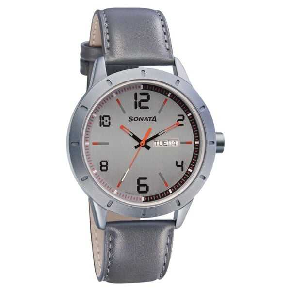 Sonata Men's Watch Analog Grey Dial With Grey Leather Strap, 7137AL01