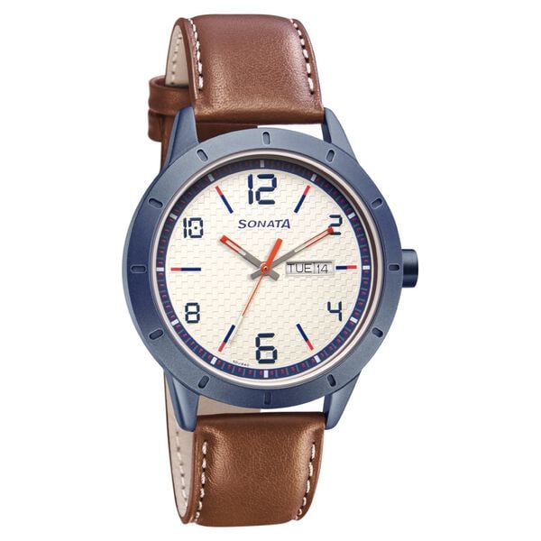 Sonata Men's Watch Analog White Dial With Brown Leather Strap, 7137AL03