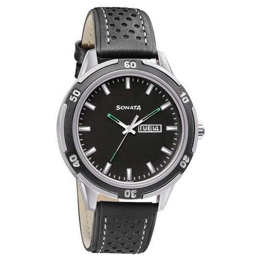 Sonata, Men, Analog, Watch, Black Dial, Leather Strap, 7138KL03