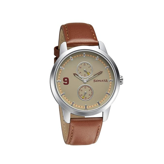 Sonata, Men, Analog, Watch, Champagne Dial, Leather Strap, 7139SL03