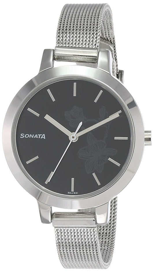 Sonata, Women, Analog, Watch, Black Dial, Stainless steel Strap, 8141SM09