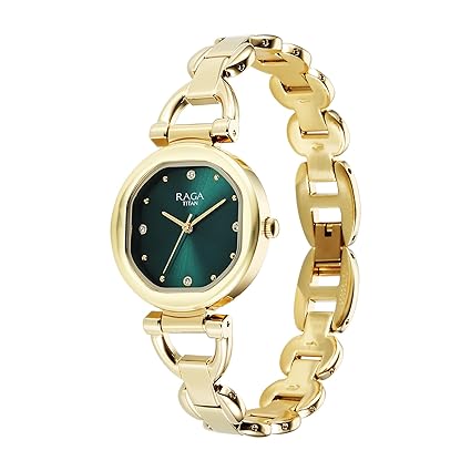Titan Raga Showstopper Women's Watch Analog Green Dial with Gold Stainless Steel Band, 95301YM01
