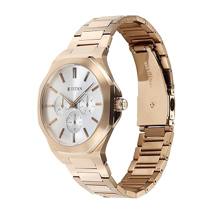 Titan Classic Slim Men's Multifunction Watch Silver Dial with Rose Gold Stainless Steel Band, 90198WM01