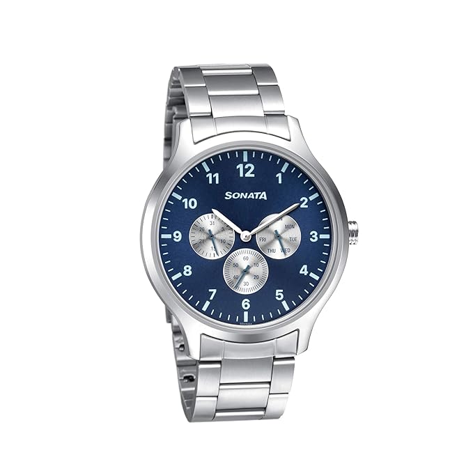 Sonata Men's Watch Analog Blue Dial With Stainless Steel Band, 7140SM02