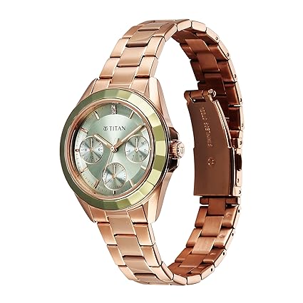 Titan Glamour Quartz Women's  Multifunction Green Dial Rose Gold Stainless Steel Strap Watch  95315KM03