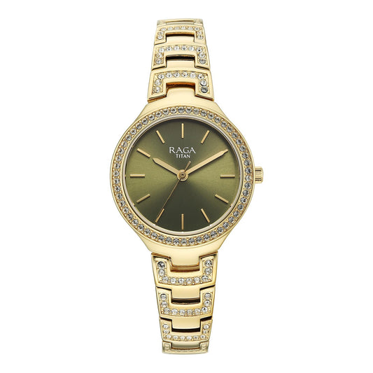 Titan Raga Spotlight Women's Quartz Analog Watch, Green Dial, Gold Metal Strap, TI-95428YM01