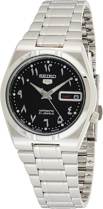 Seiko 21 Jewels Arabic Dial Men's Watch Analog Black Dial with Silver Stainless Steel Band, SNK063J5