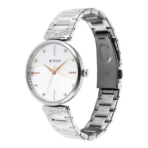 Titan Purple Women's Watch Analog Mother of Pearl Dial with Silver Stainless Steel Band, 95237SM01