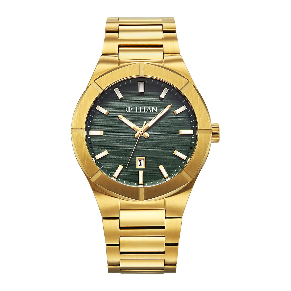 Titan Titan Men's Quartz Analog Watch, Green Dial, Gold Stainless Steel Strap, TI-90240YM02