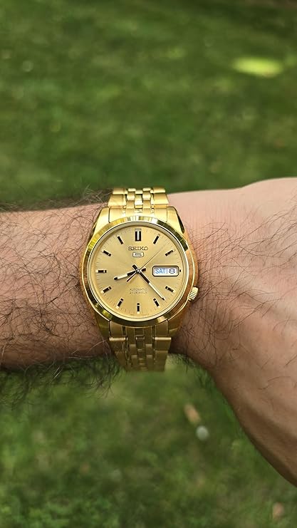 Seiko Men's Mechanical Watch Analog, Gold Dial Gold Stainless Band ,SNK366K