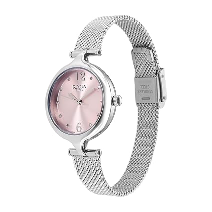 Titan Raga Showstopper Women's Watch Analog Pink Dial with Silver Mesh Band, 95268SM01