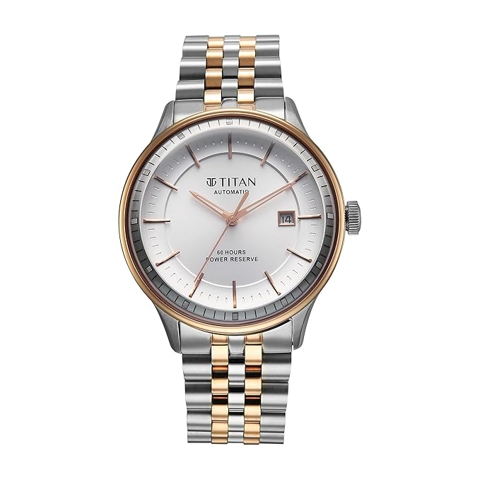 Titan Weekender 60-Hour Power Reserve Men's Automatic Analog Watch White Dial with Two Tone Stainless Steel Band, 90201KM01