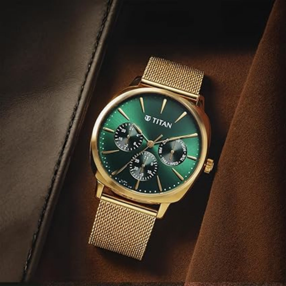 Titan Classique Men's Watch Analog Green Dial with Gold Mesh Band, 90189YM01