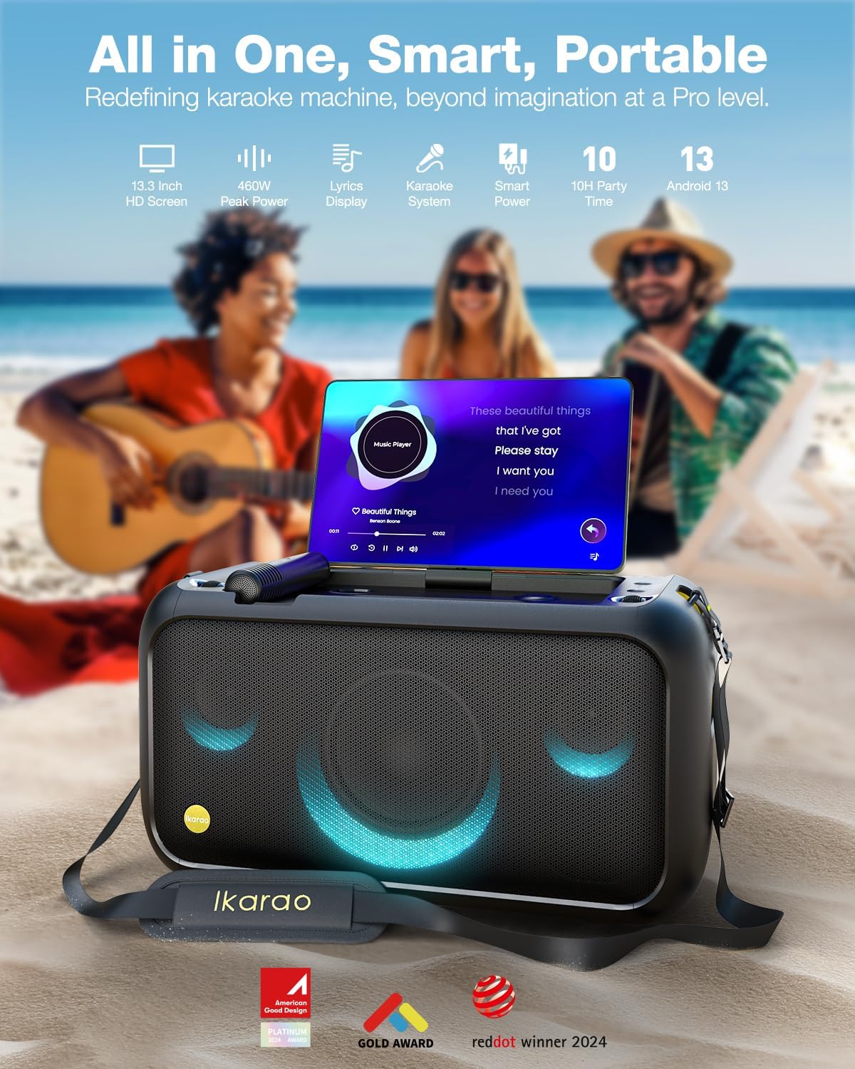 Ikarao Karaoke Machine for Adults, with Lyrics Display Built-in 13.3" Screen, All in One Karaoke Machine with 2 Wireless Microphone, IK-BREAKX1