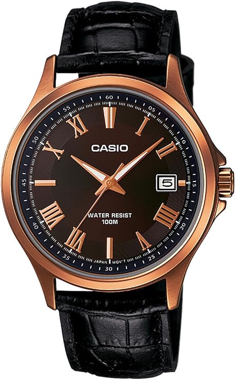 Casio, Men's Watch Analog, Brown Dial Black Leather Band, MTP-1383RL-5AVD