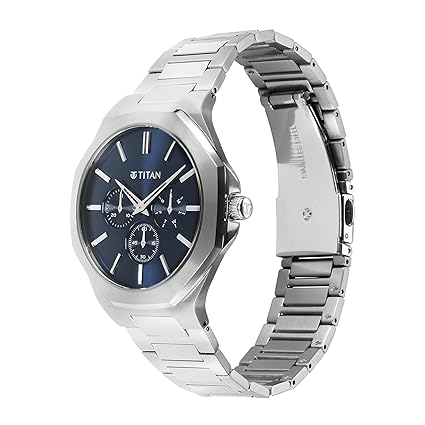 Titan Classic Slim Men's Multifunction Watch Blue Dial with Silver Stainless Steel Band, 90198SM01