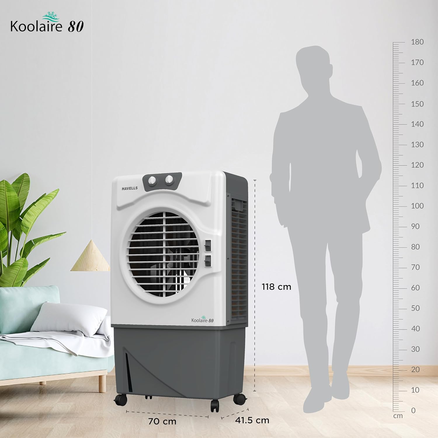 Havells Evaporative Air Cooler 80L For Indoor & Outdoor Powerful Airflow With 3 Side Honeycomb Pads, KOOLAIRE80
