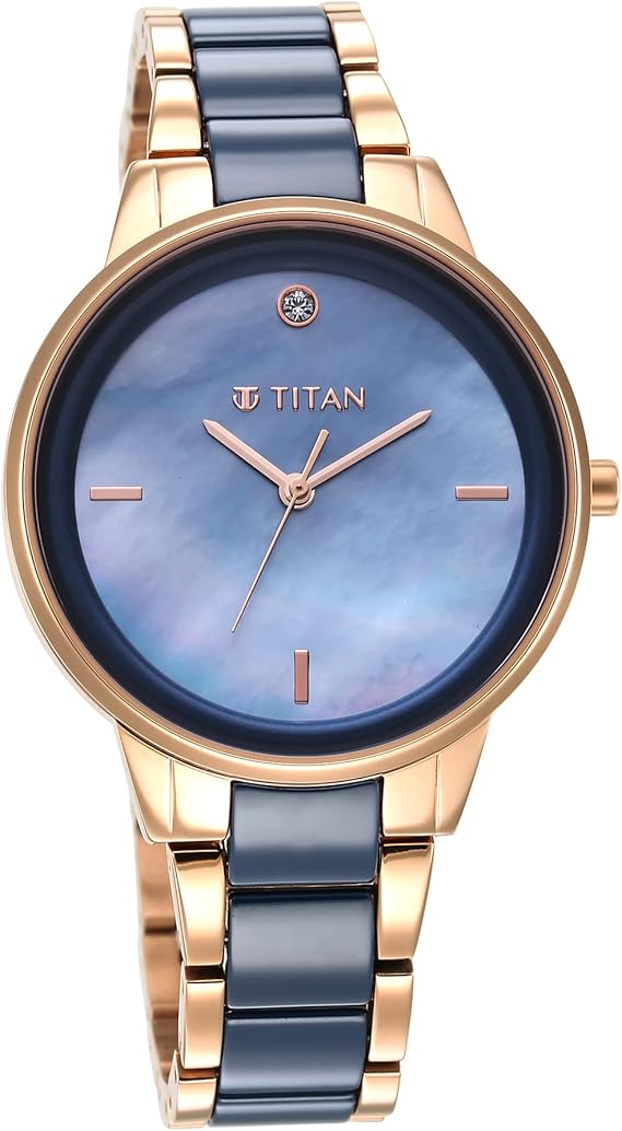 Titan Purple Women's Watch Analog Blue Dial with Two-Toned Ceramic Band, 95213KD03