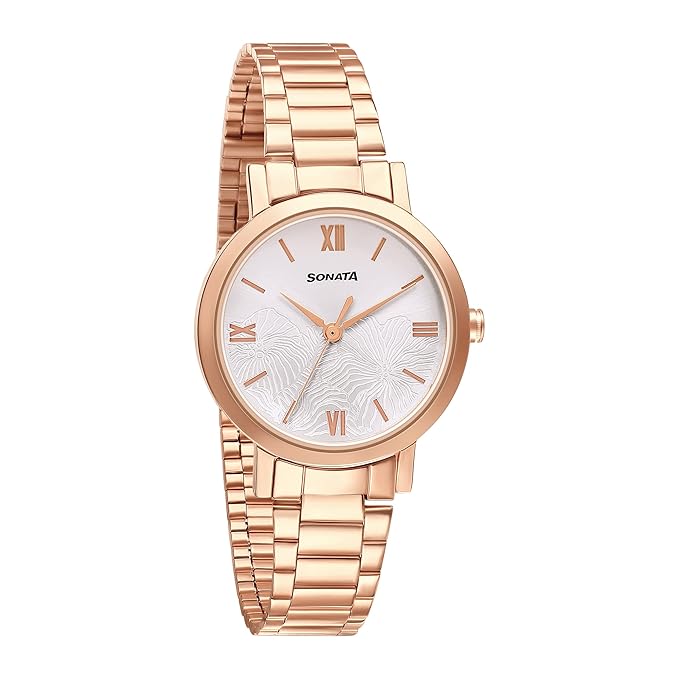 Sonata Women's Watch Analog Silver Dial With Rose Gold Stainless Steel Band, 8174WM01