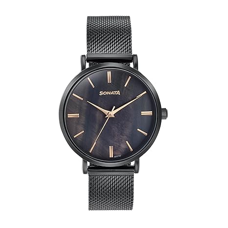 Sonata Quartz Analog Women's Watch With Black Dial and Black Stainless Steel Strap,87067NM01