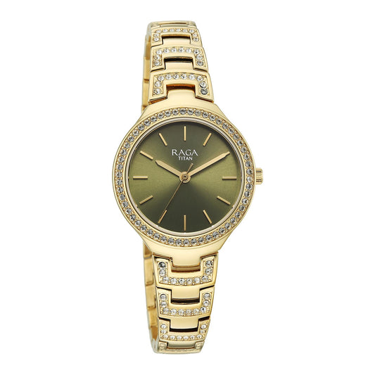 Titan Raga Spotlight Women's Quartz Analog Watch, Green Dial, Gold Metal Strap, TI-95428YM01