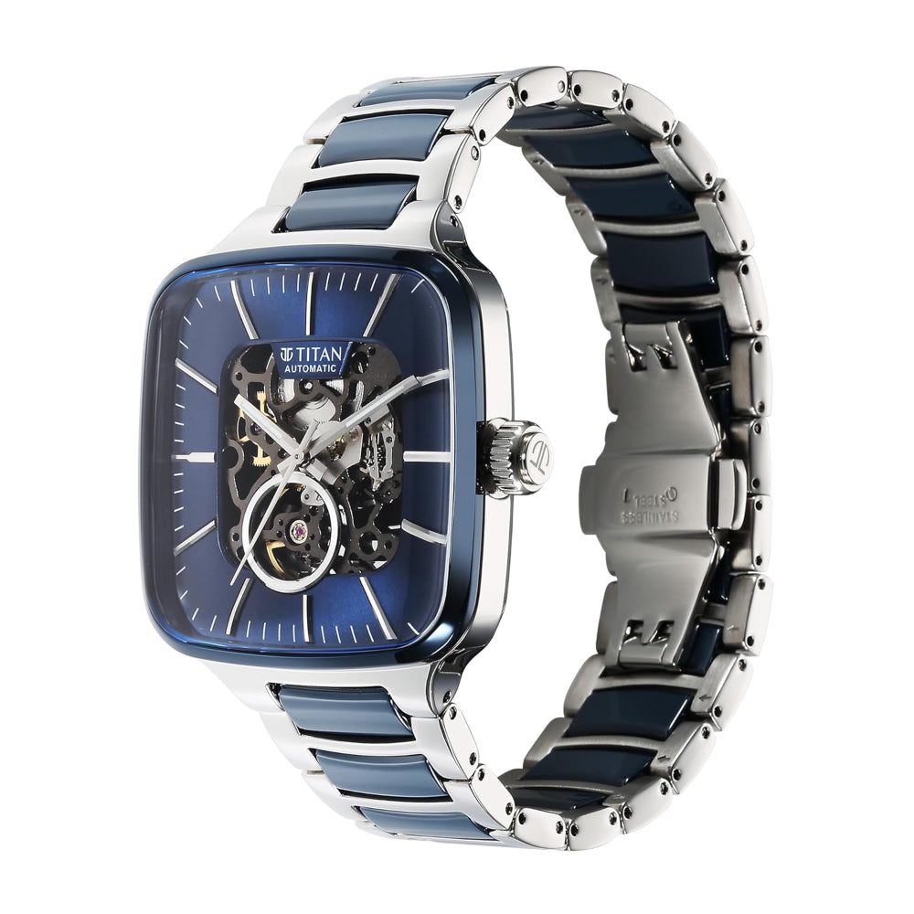 Titan Ceramic Fusion Men's Automatic Watch Blue Dial with Two-Toned Stainless Steel Band, 90175KD02