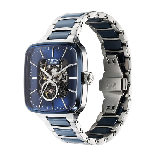 Titan Ceramic Fusion Men's Automatic Watch Blue Dial with Two-Toned Stainless Steel Band, 90175KD02