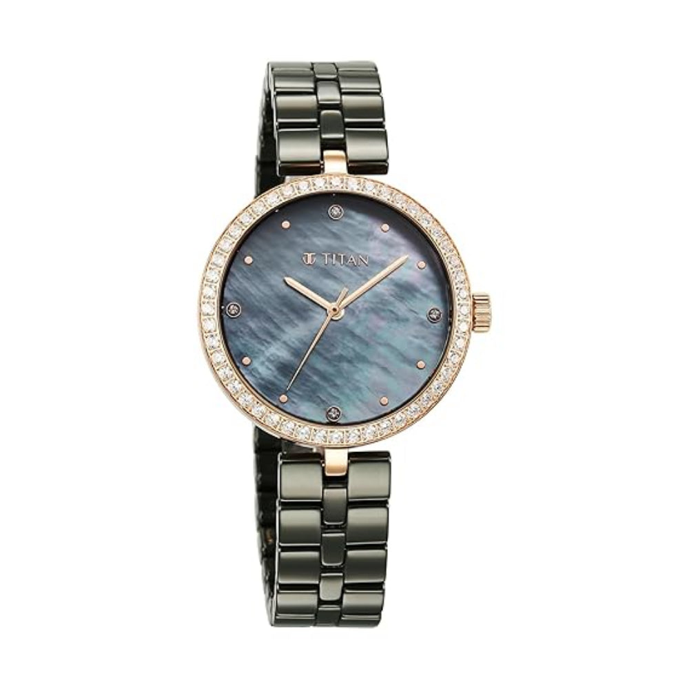 Titan Purple Ceramics Quartz Analog Mother of Pearl Dial Green Ceramic Strap Watch For Women 95215KC04