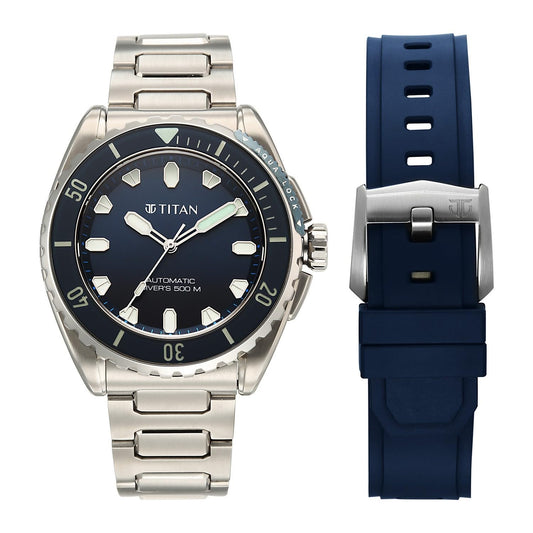 Titan Zero Hour Diver's Series Men's Automatic Watch Black Dial with Silver Stainless Steel Band | 500M Water Resistant, 10071KM01