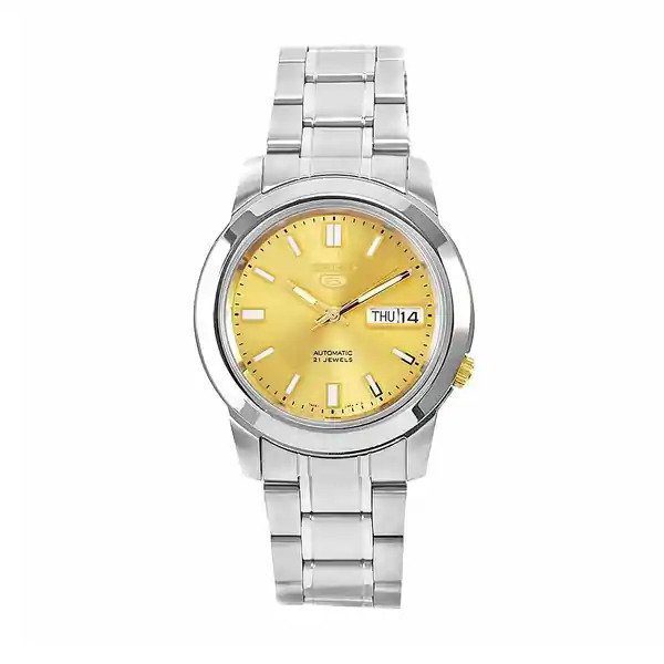 Seiko Men's Mechanical Watch Analog, Gold Dial with Silver Stainless Steel Band, SNKK13K