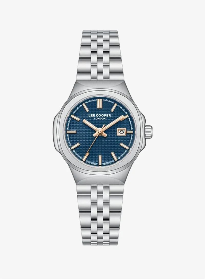 Lee Cooper Women's Date Analog Watch with Silver Dial and Blue Stainless Steel Band, LC08394.390