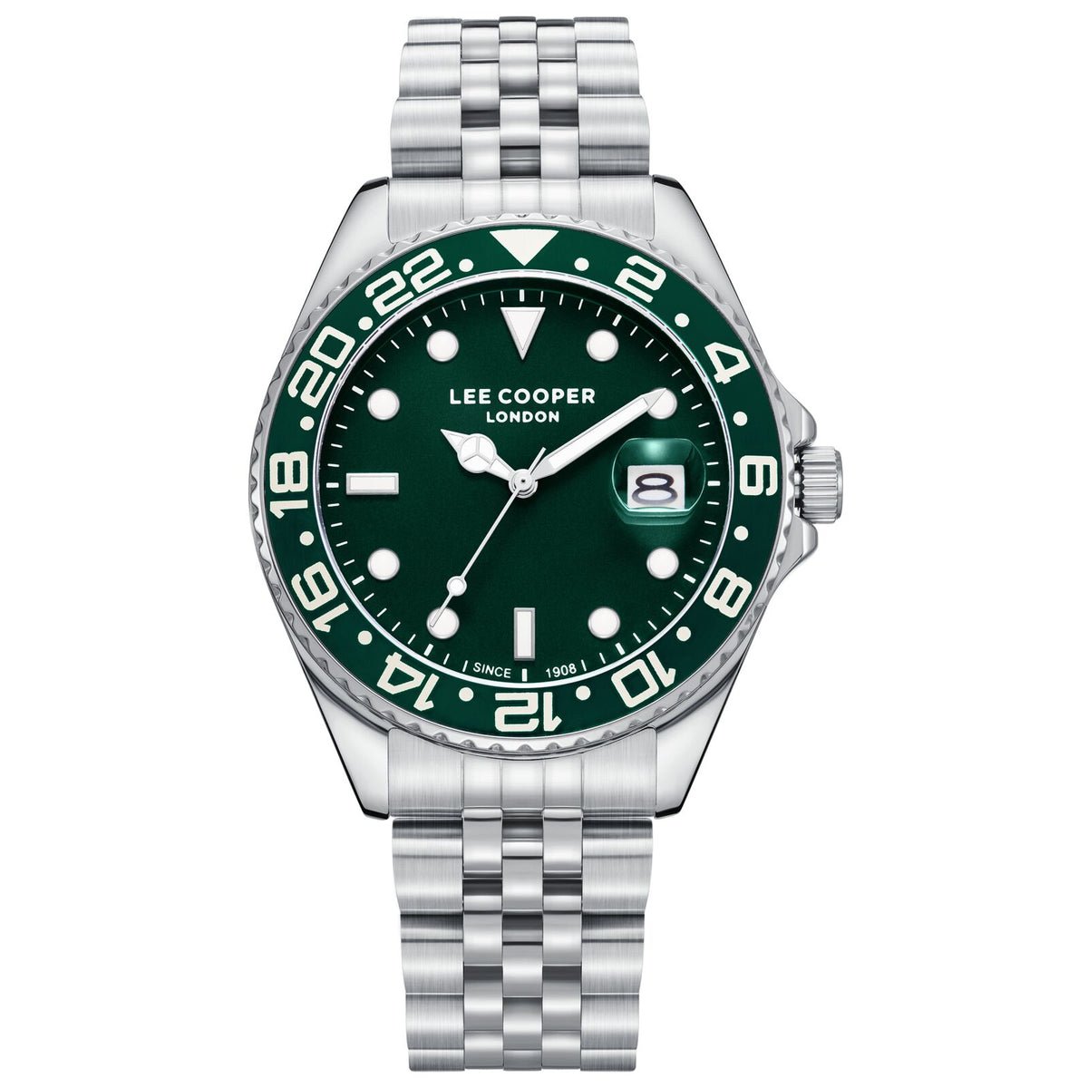 Lee Cooper Men's Watch Analog Green Dial with Silver Stainless Steel Band, LC08142.370