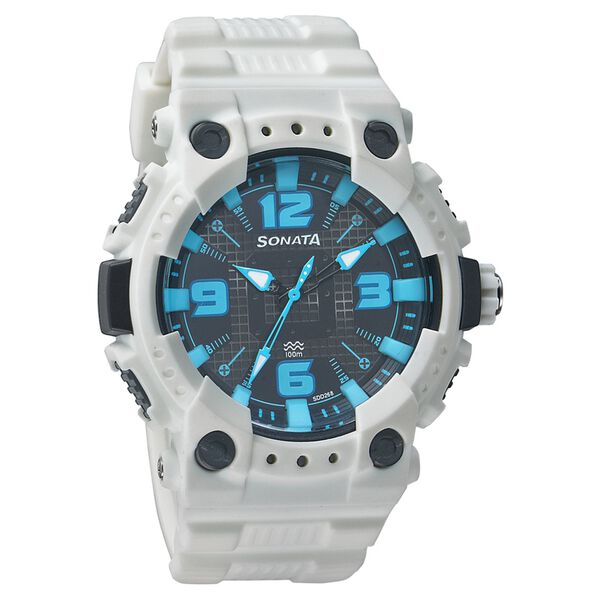 Sonata Men's Watch Analog Black Dial With White Plastic Strap, 77014PP02