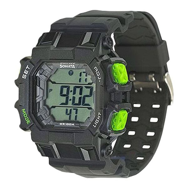 Sonata Men's Digital Watch With Black Plastic Strap, 77025PP01