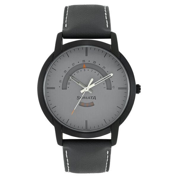 Sonata Men's Watch Analog Grey Dial With Black Leather Strap, 77031NL02