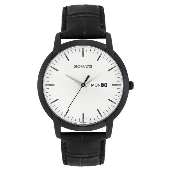 Sonata Men's Watch Analog White Dial With Black Leather Strap, 77031NL03