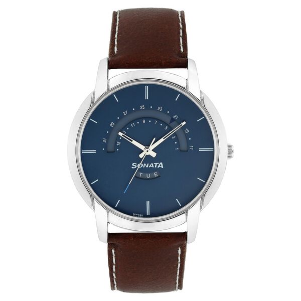 Sonata Men's Watch Analog Blue With Brown Leather Strap, 77031SL01